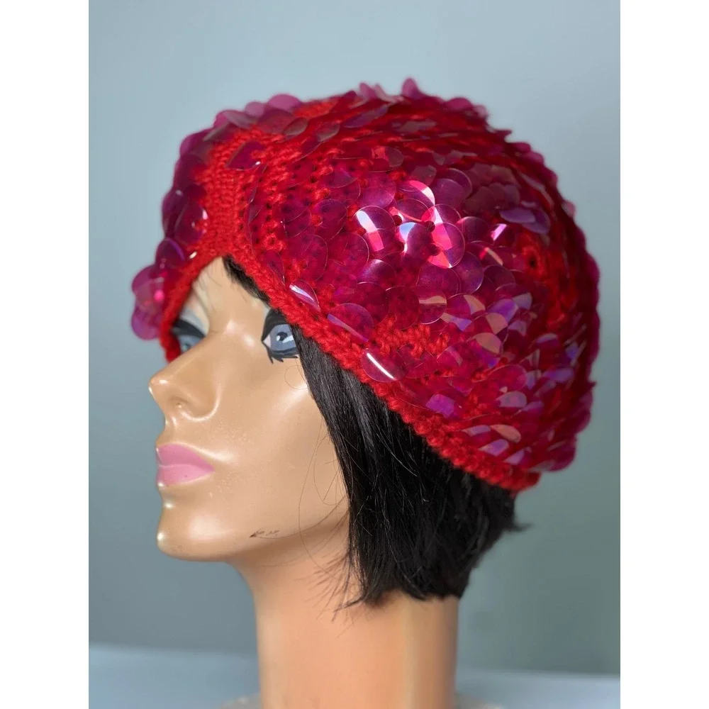 Vintage 1960s Red Wool Knit MOD Hat Large Pink Sequins Futuristic Made in Italy